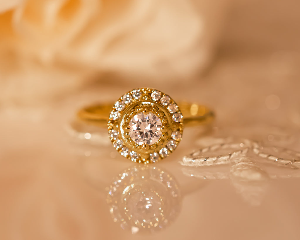 Halo diamond engagement ring, a captivating display of brilliance and romance, accentuating the center stone's radiance