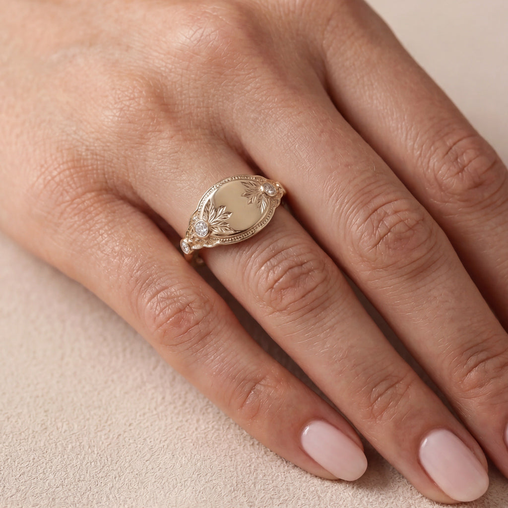 Seraphina - Floral Vintage Diamond Signet Gold Ring