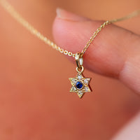 Magen David Charm Necklace with Blue Sapphire and Diamonds