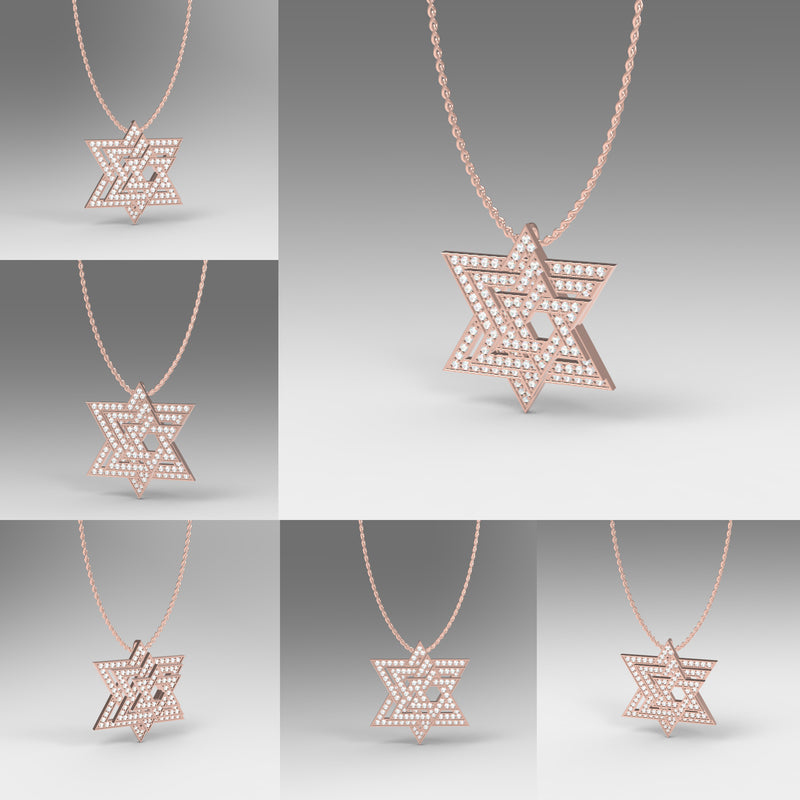 Three Star Of David Diamond Pendant Necklace