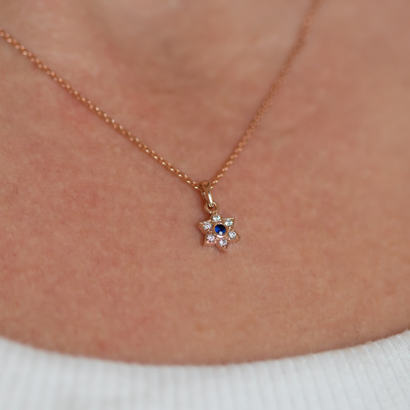 Magen David Charm Necklace with Blue Sapphire and Diamonds