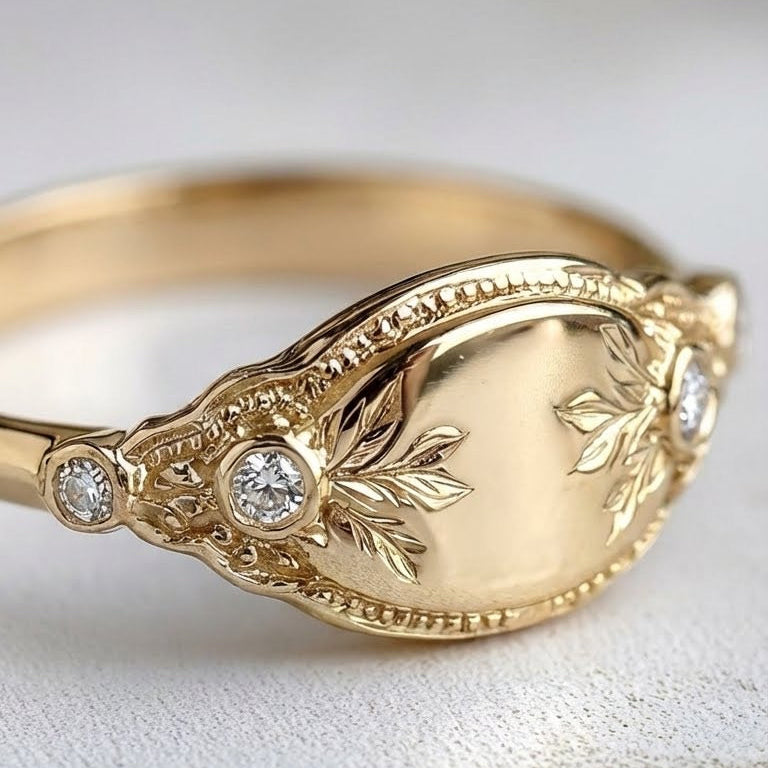 Seraphina - Floral Vintage Diamond Signet Gold Ring
