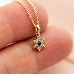 Magen David Charm Necklace with Blue Sapphire and Diamonds