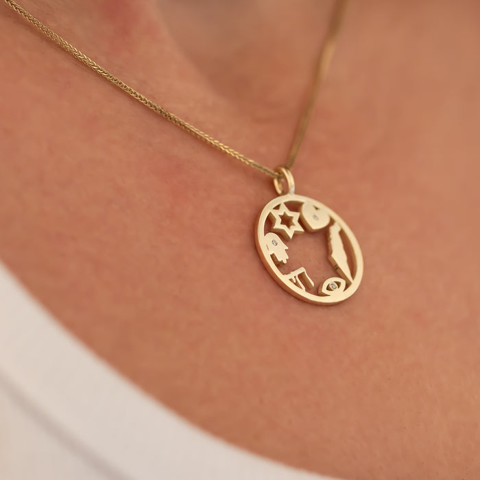 Israeli Symbols Amulet Diamond Pendant Necklace ©