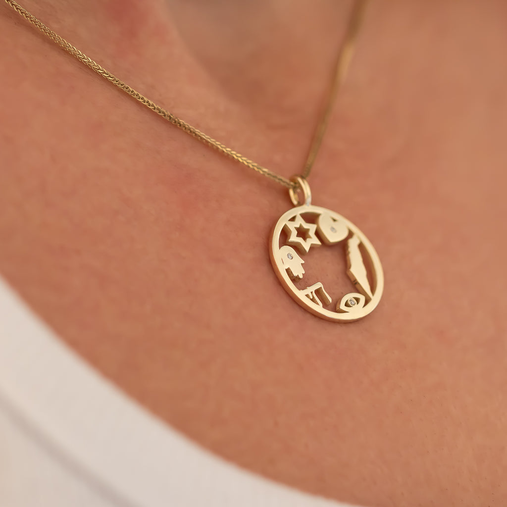Israeli Symbols Amulet Diamond Pendant Necklace