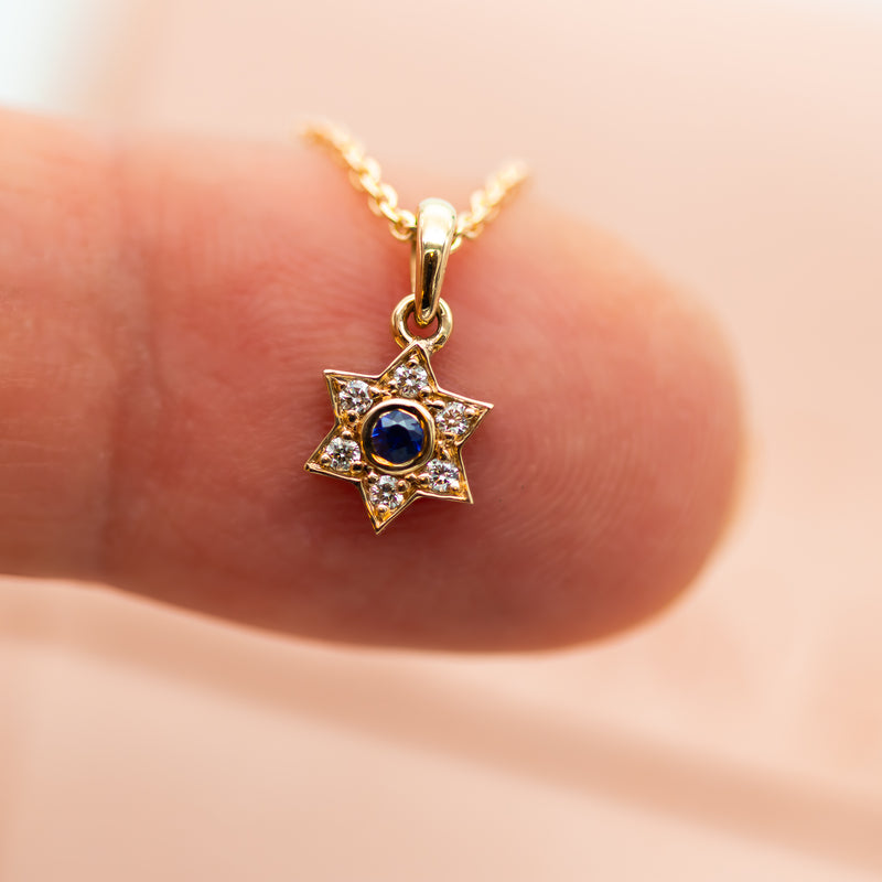 Magen David Charm Necklace with Blue Sapphire and Diamonds