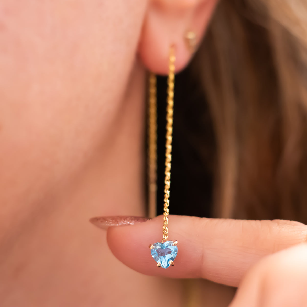 Blue Topaz Heart Chain Earrings