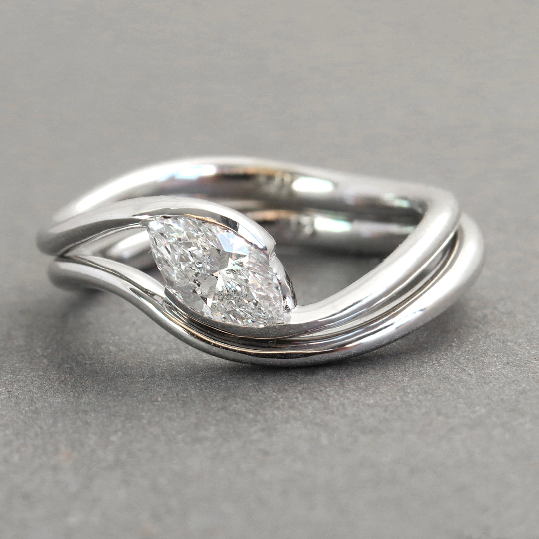 Curved Marquise cut Diamond Ring set, marquise diamond wedding ring set, diamond bridal ring set