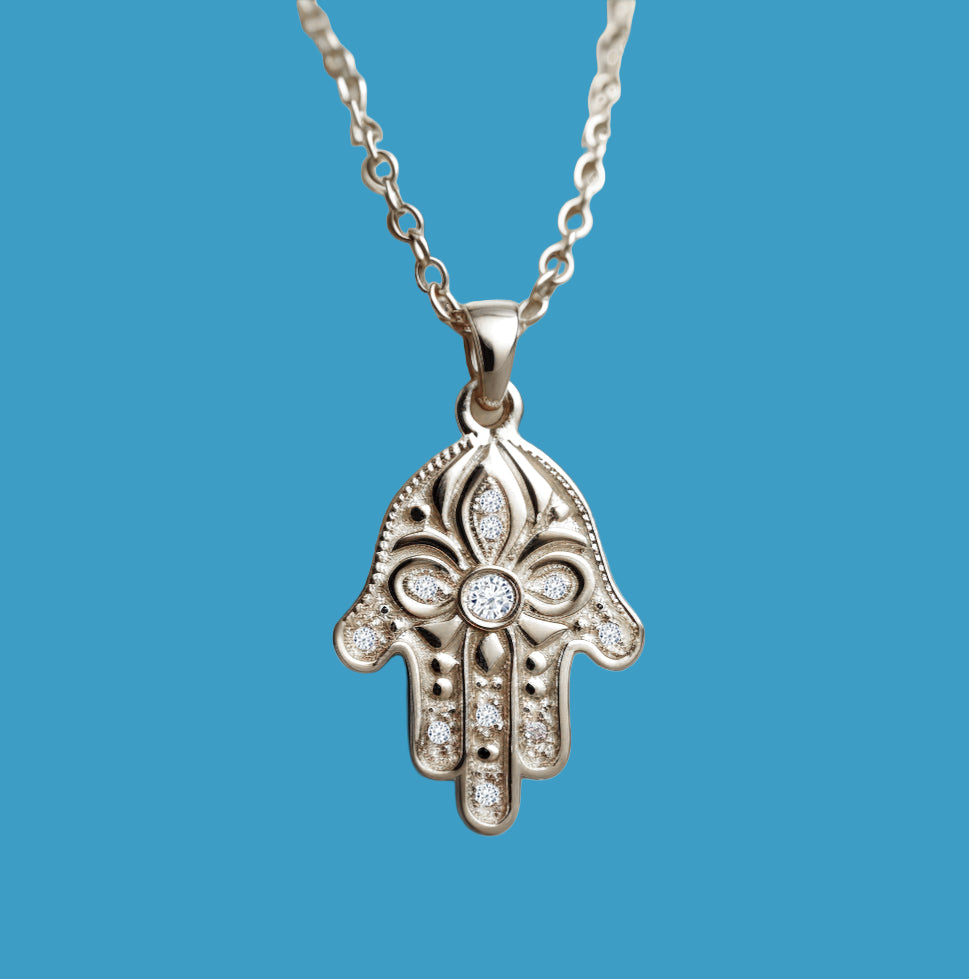 Floral Hamsa Diamond Pendant Necklace | Symbolic Jewelry