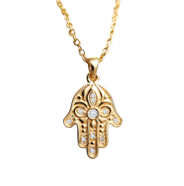 Floral Hamsa Diamond Pendant Necklace | Symbolic Jewelry