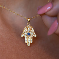 Floral Hamsa Necklace with Blue Sapphire & Diamonds | Symbolic Jewelry