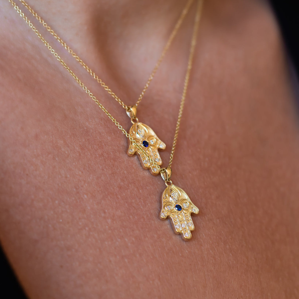 Floral Hamsa Necklace with Blue Sapphire & Diamonds | Symbolic Jewelry