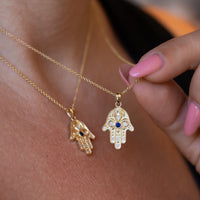 Floral Hamsa Necklace with Blue Sapphire & Diamonds | Symbolic Jewelry