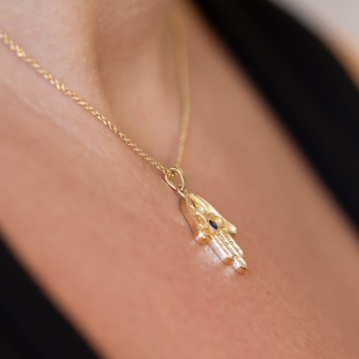 Floral Hamsa Necklace with Blue Sapphire & Diamonds | Symbolic Jewelry