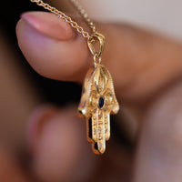 Floral Hamsa Necklace with Blue Sapphire & Diamonds | Symbolic Jewelry