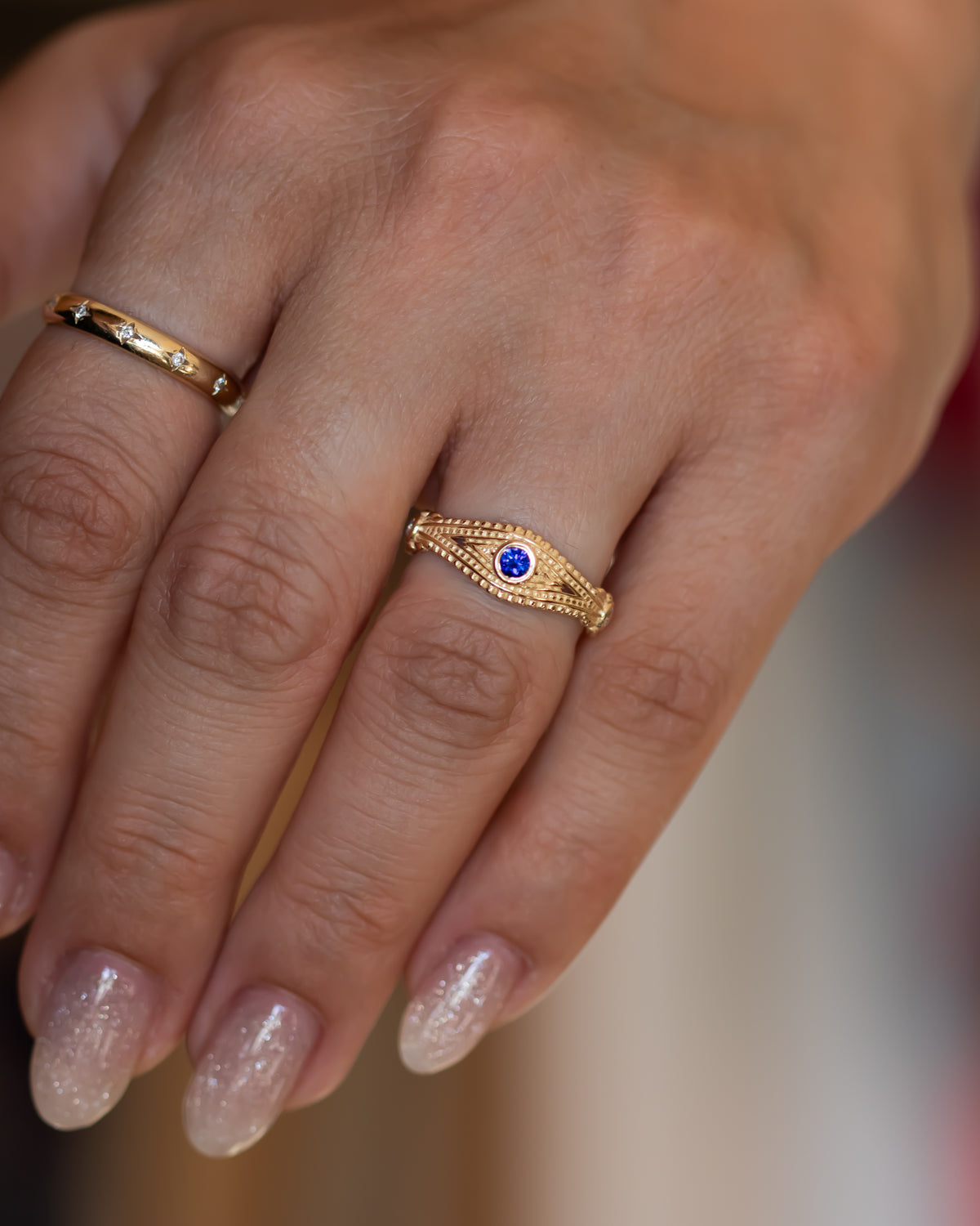 Evil Eye Ring with Diamonds and Blue Sapphire
