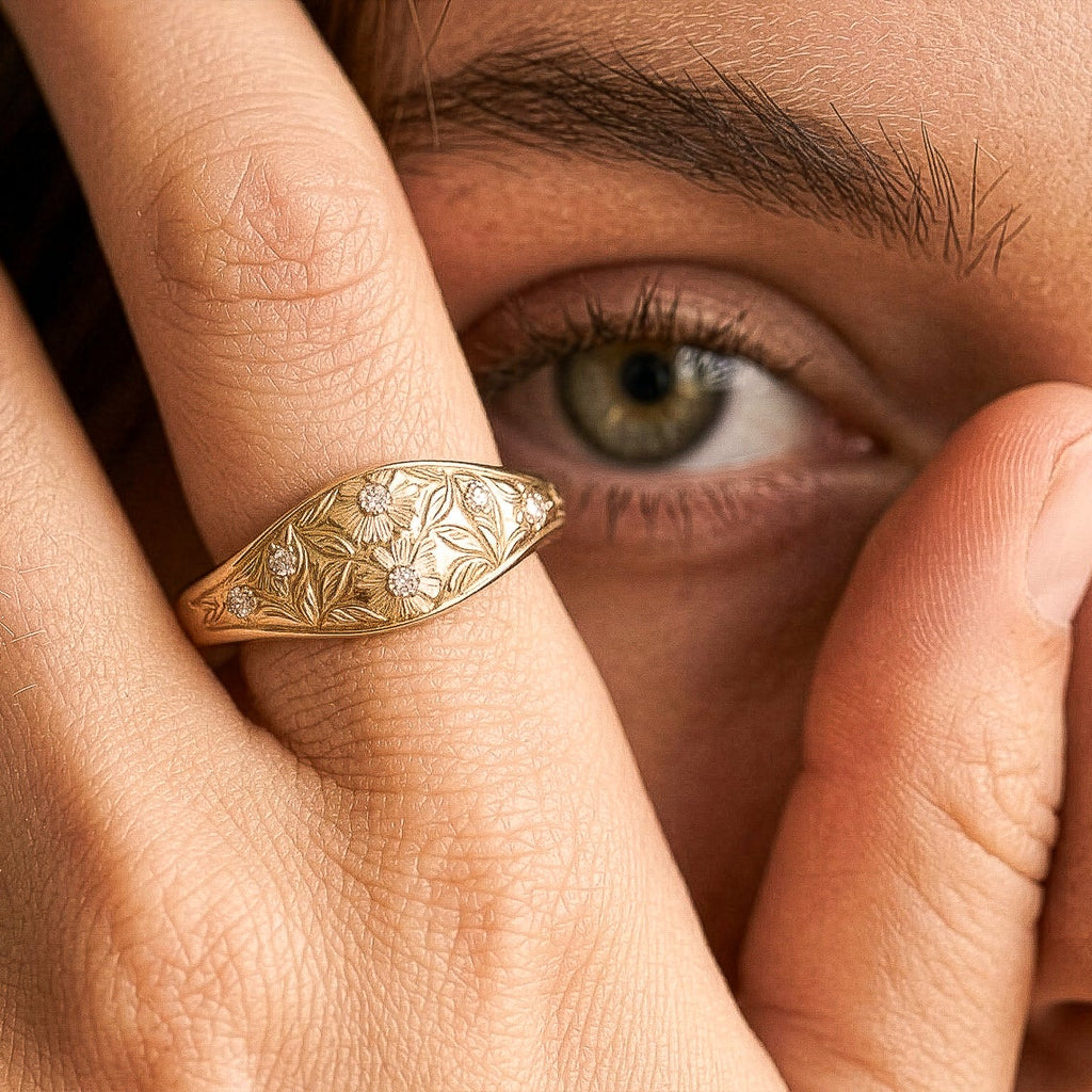 Faye | Floral organic diamond gold ring, nature inspired gold ring in solid 14k gold