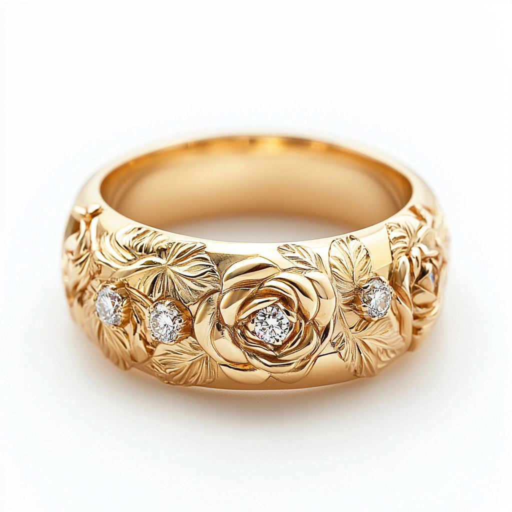 A 14k gold floral ring with diamonds, featuring a detailed design of blossoms with a larger diamond at the center of each flower, set against a white background.