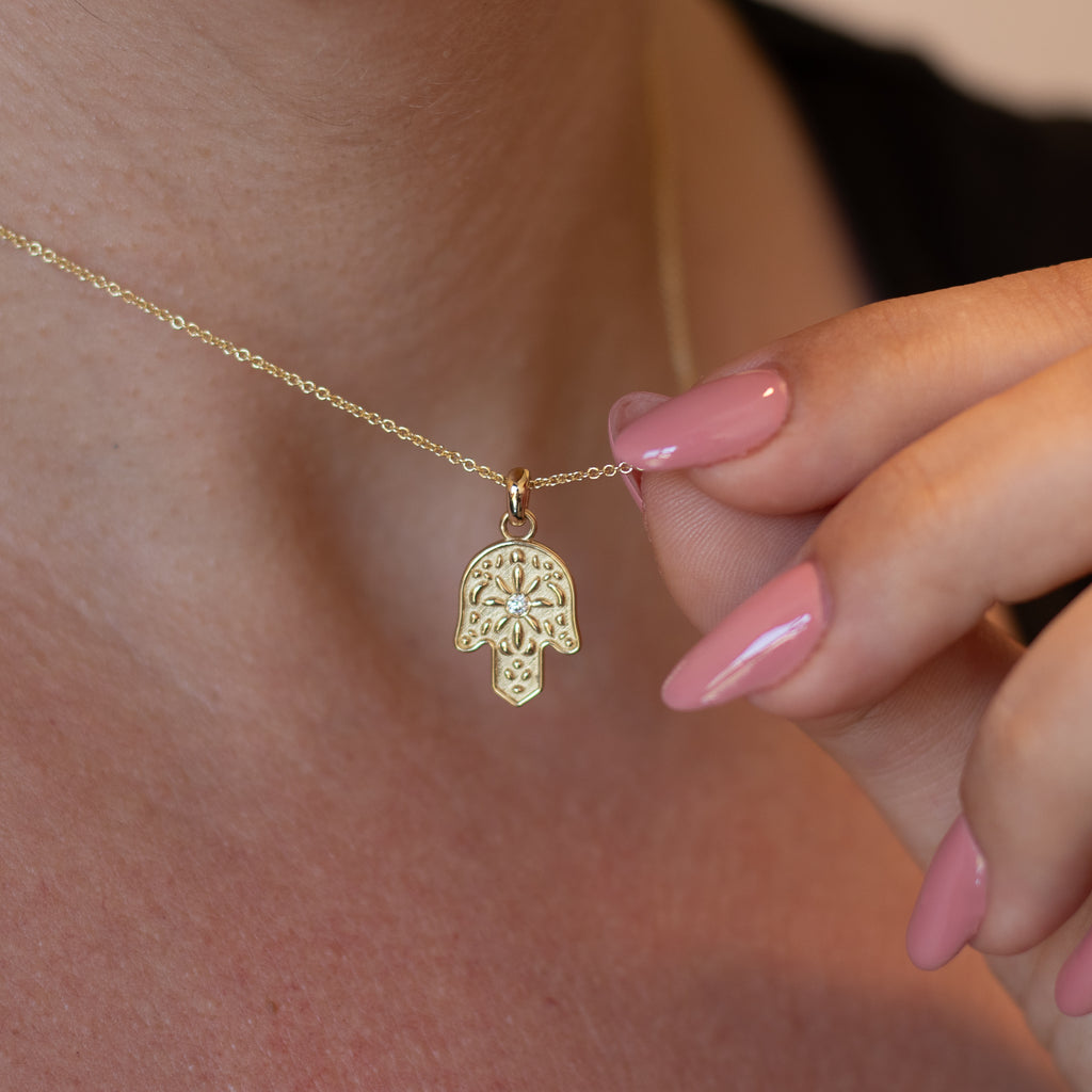 Hamsa Necklace, 14K Gold Hamsa Pendant with Diamond, Floral Hamsa Pendant Necklace, Hand Protection Necklace, Hamsa Israel, Israeli Jewelry
