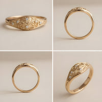 Floral organic diamond wedding band in 14k gold, floral engraved