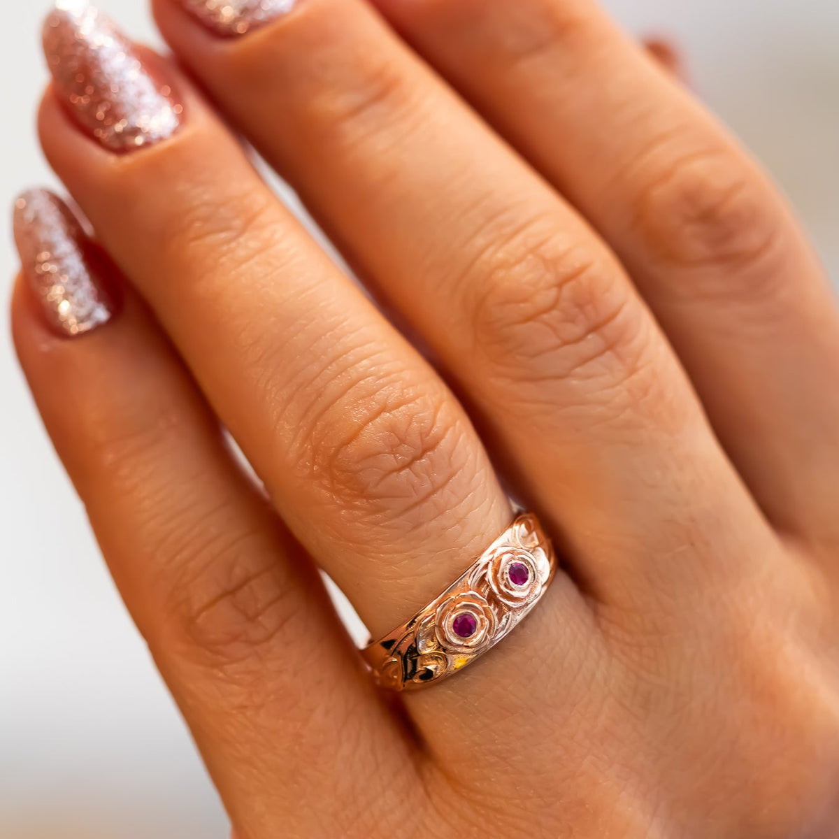 Blooming Hearts | Floral Ring with Ruby Gemstones