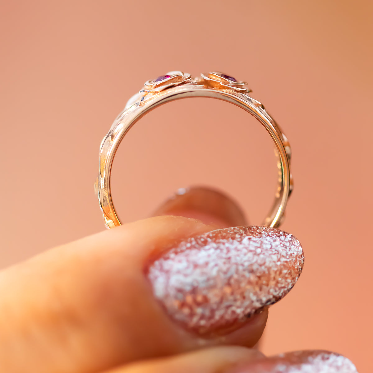 Rose Gold Floral Ring with Ruby Gemstones - Spring-Inspired Design
A rose gold floral ring with ruby gemstones, inspired by the spirit of spring and renewal. Perfect for celebrating love, life, and the beauty of new beginnings.