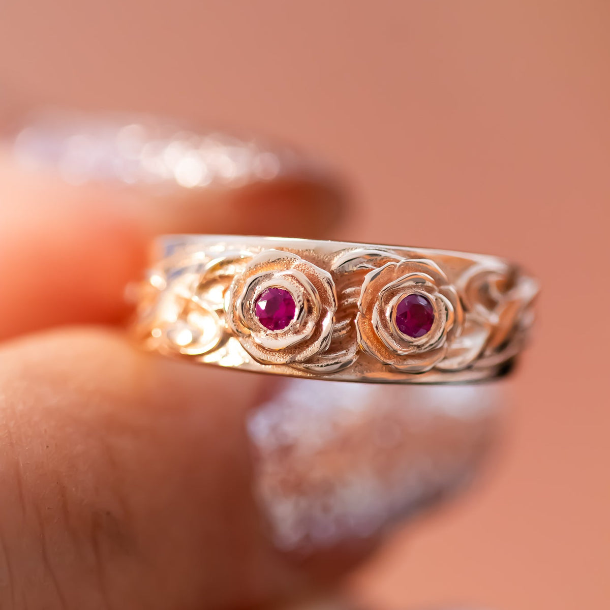 Blooming Hearts | Floral Ring with Ruby Gemstones