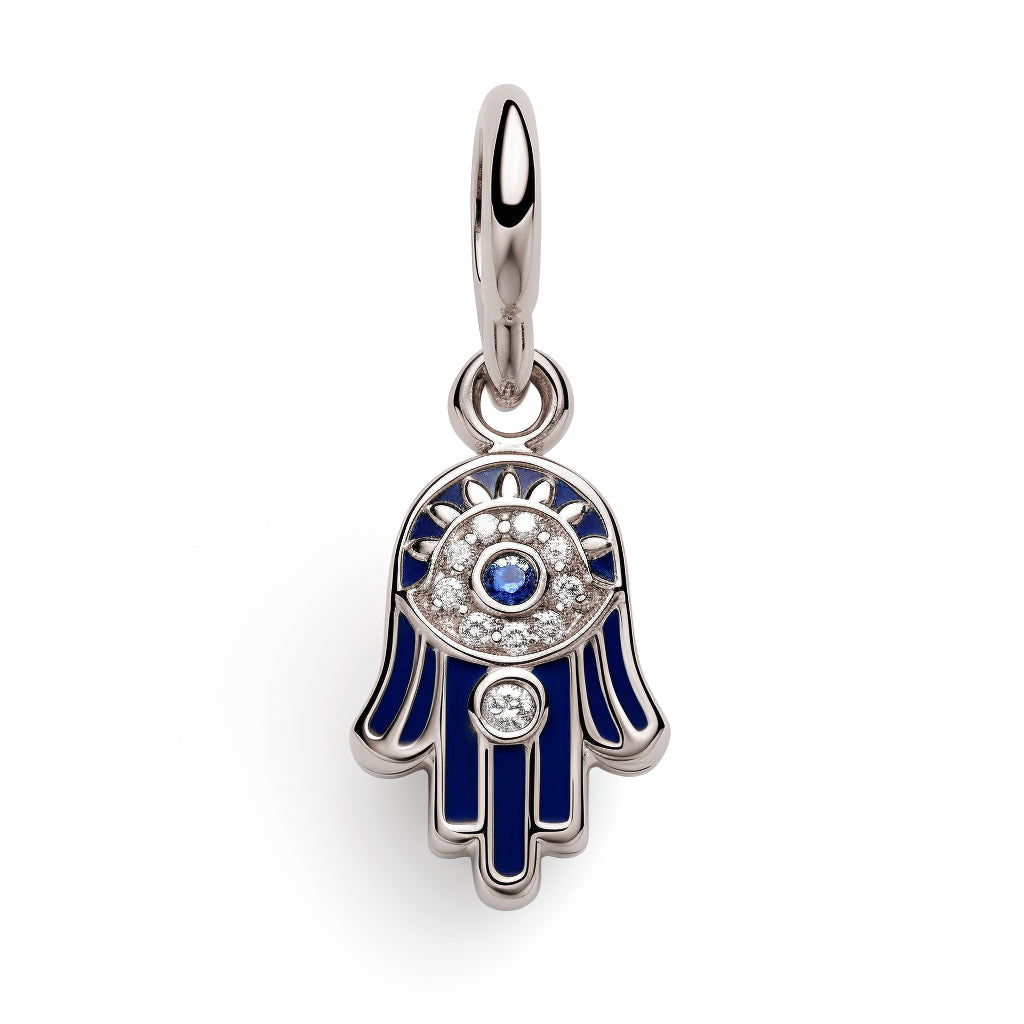 Celestial Eye Hamsa Pendant - Diamonds, Blue Enamel & Sapphire | Symboilc Jewelry