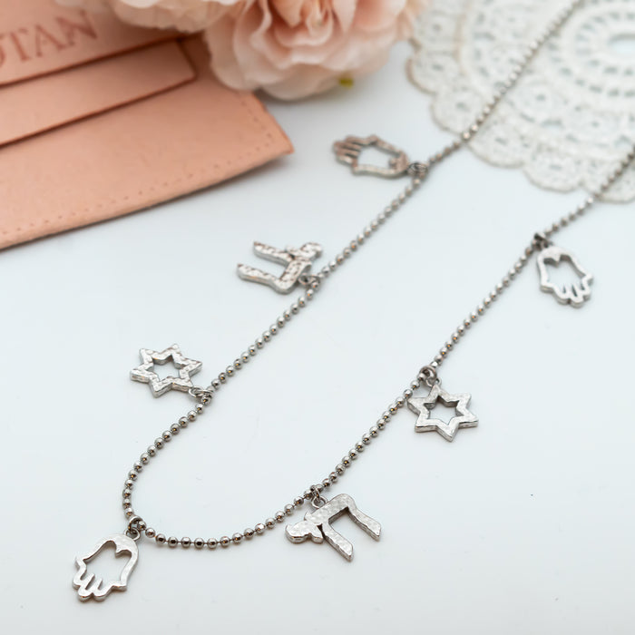 Israeli Charms Necklace - Magen David, Hamsa, Chai, Charms Necklace