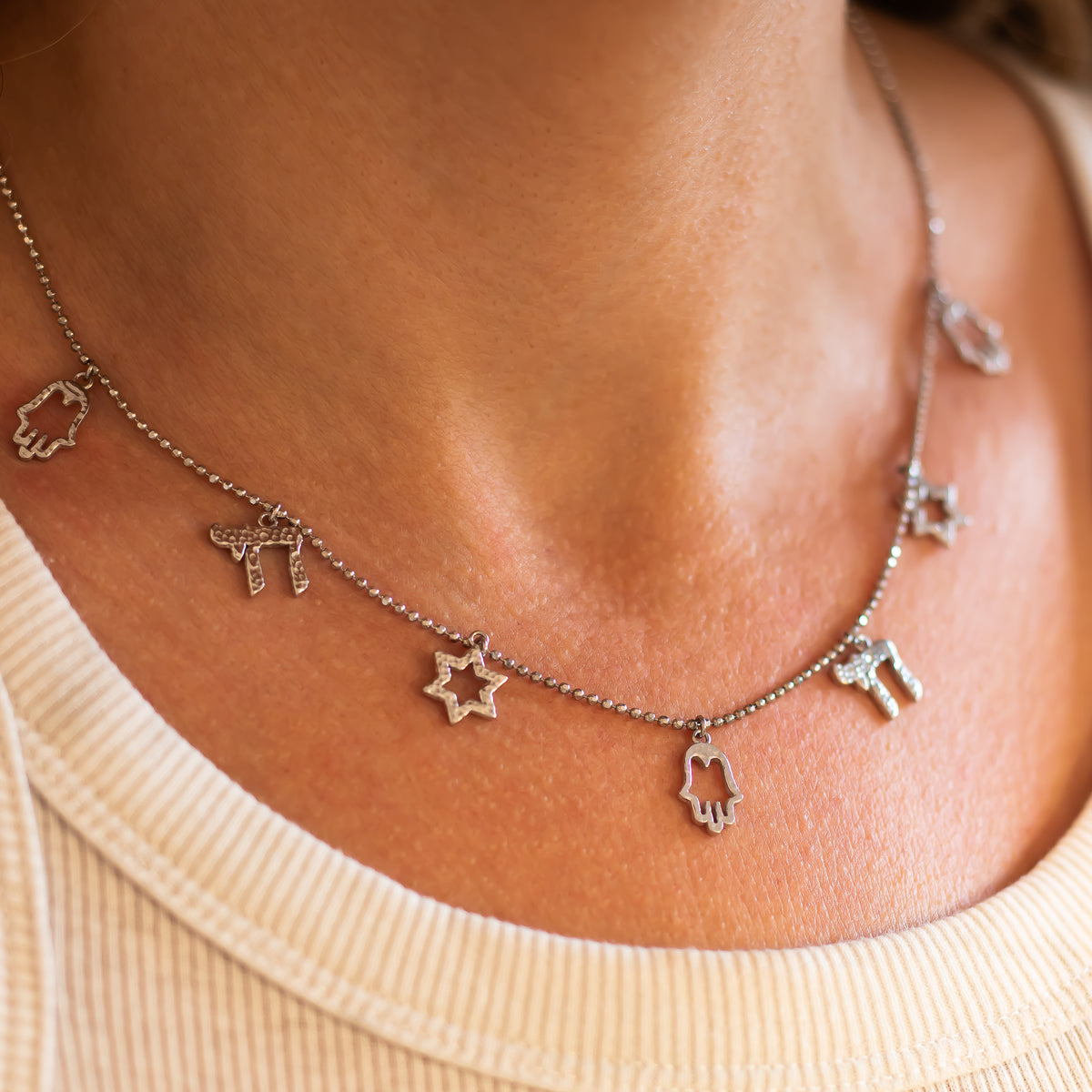 Israeli Charms Necklace - Magen David, Hamsa, Chai, Charms Necklace