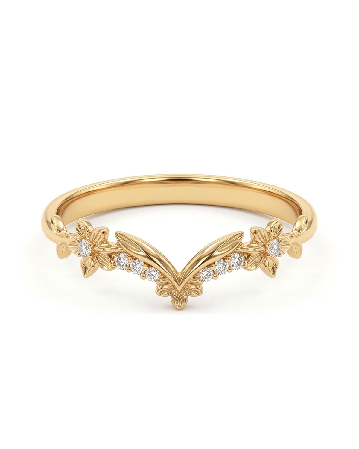 Laurel - Organic floral diamond gold cevron wedding band