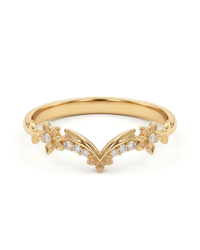 Laurel - Organic floral diamond gold cevron wedding band
