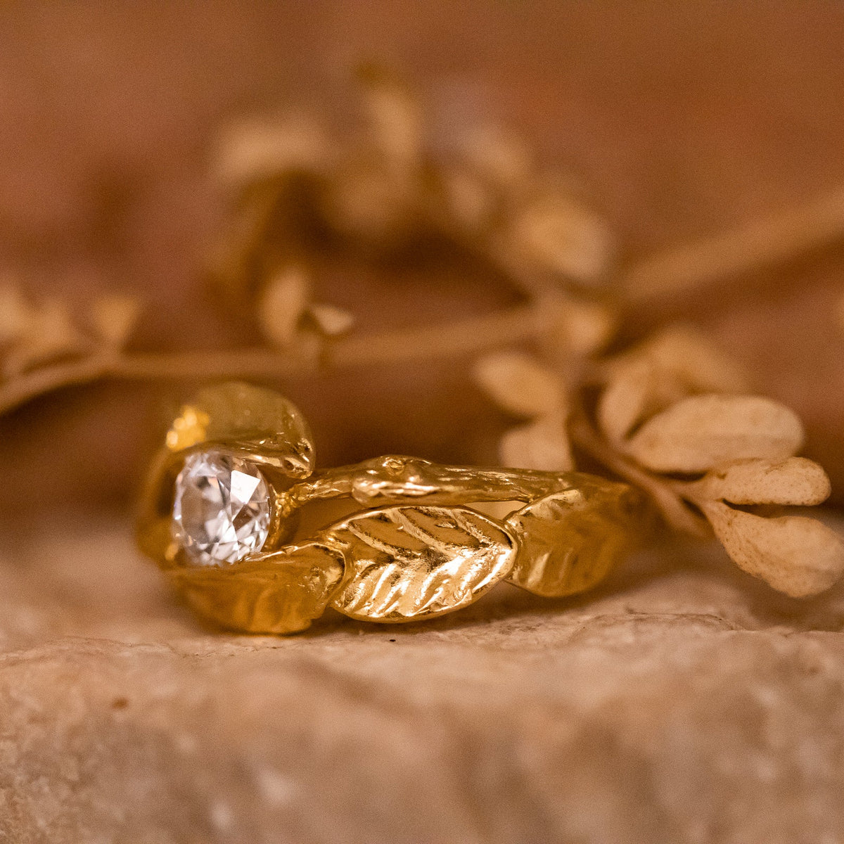 Leaf and twig diamond engagement ring, leaves engagement ring with 0.50ct diamond