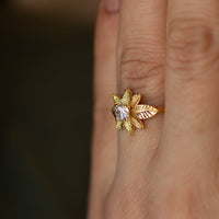 Leaf diamond ring, nature inspired diamond ring, yellow gold leaves engagement ring