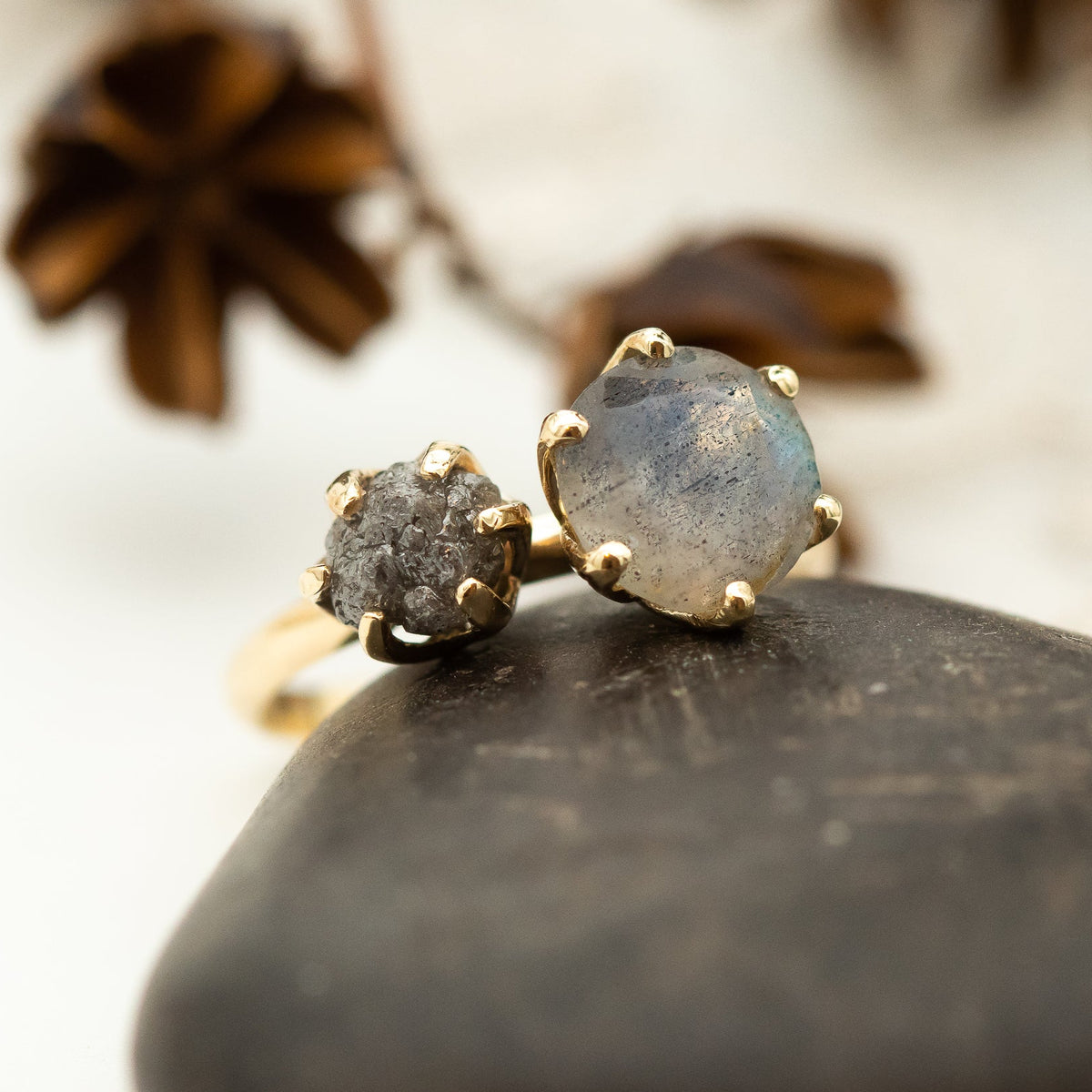 Moi Et Toi Labradorite and Raw Gray Diamond Ring - OOAK Ring
