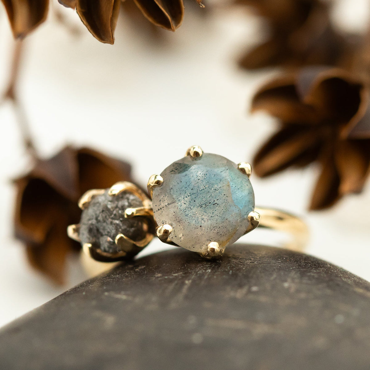 Moi Et Toi Labradorite and Raw Gray Diamond Ring - OOAK Ring