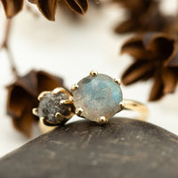 Moi Et Toi Labradorite and Raw Gray Diamond Ring - OOAK Ring