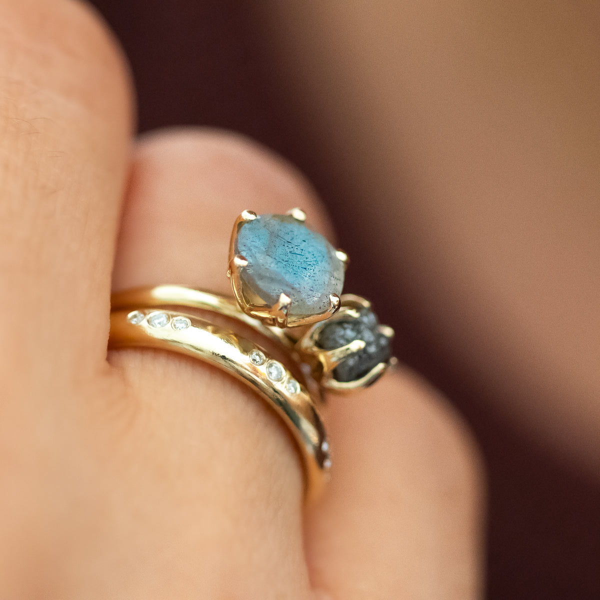 Moi Et Toi Labradorite and Raw Gray Diamond Ring - OOAK Ring