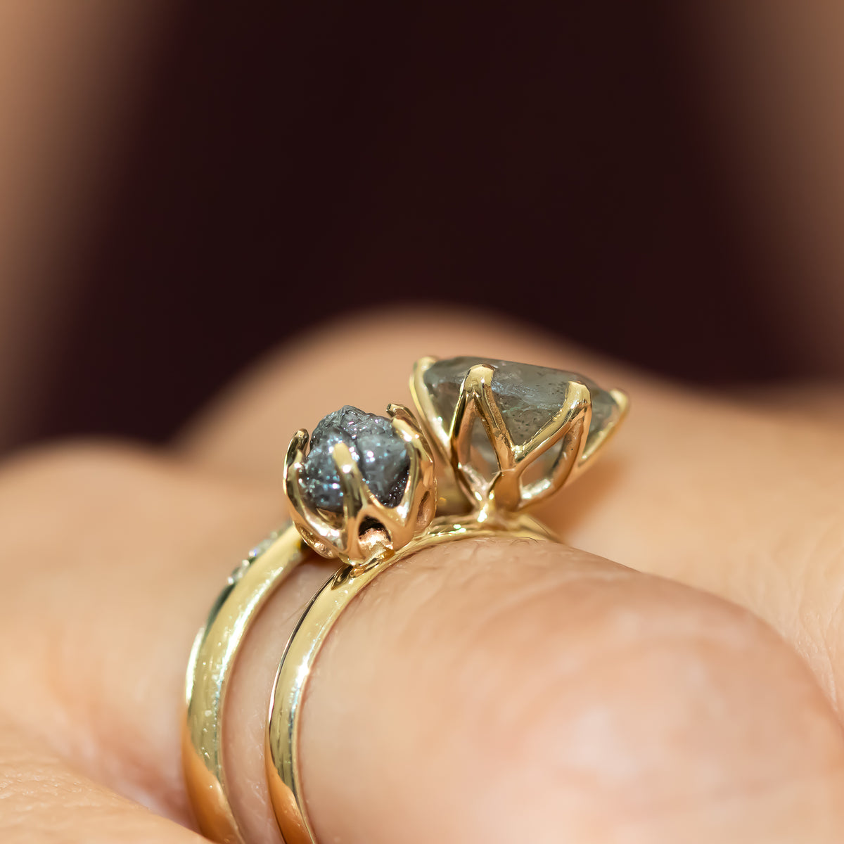 Moi Et Toi Labradorite and Raw Gray Diamond Ring - OOAK Ring