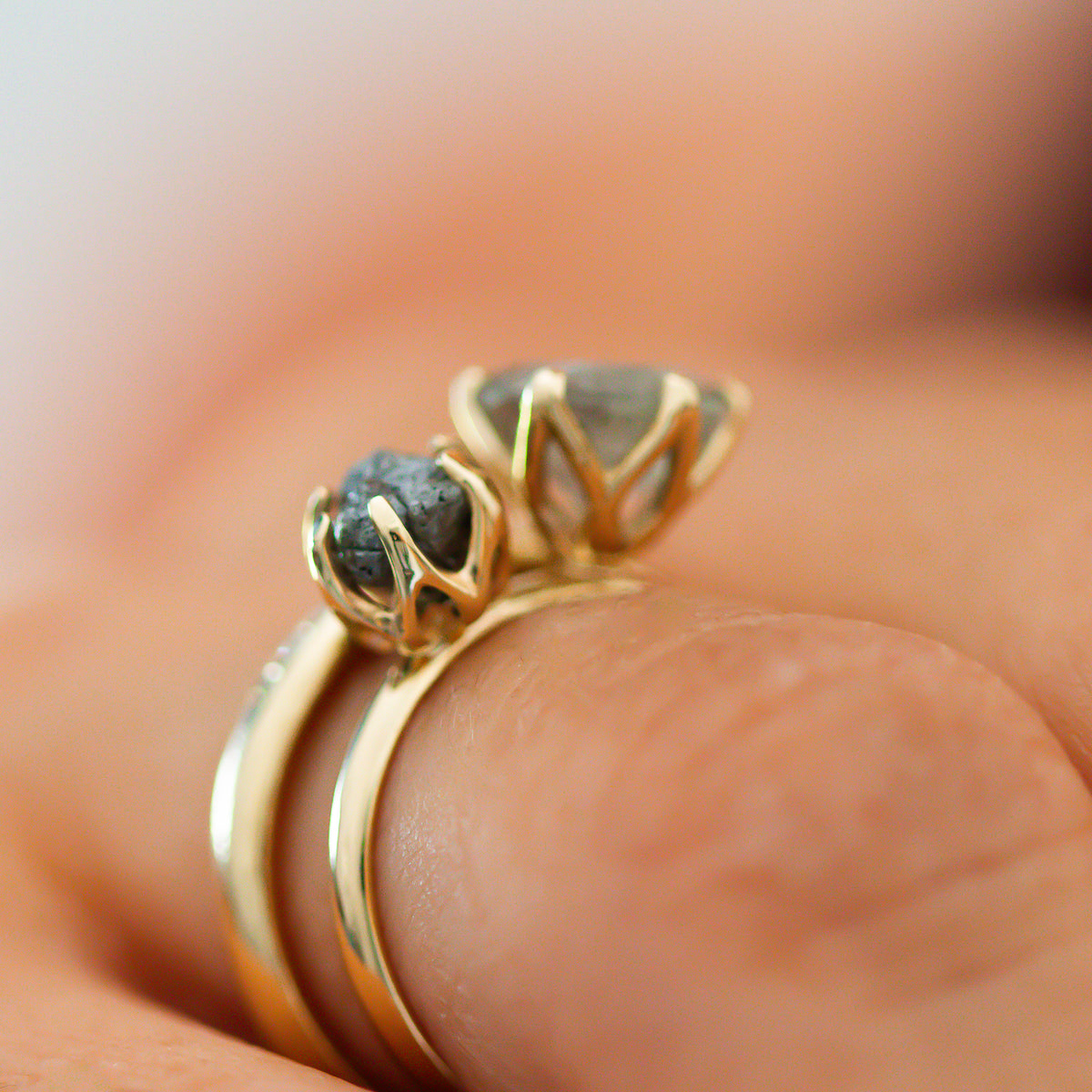 Moi Et Toi Labradorite and Raw Gray Diamond Ring - OOAK Ring