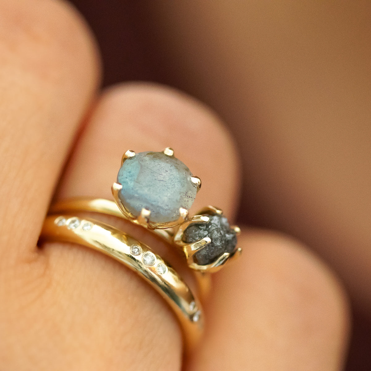 Moi Et Toi Labradorite and Raw Gray Diamond Ring - OOAK Ring