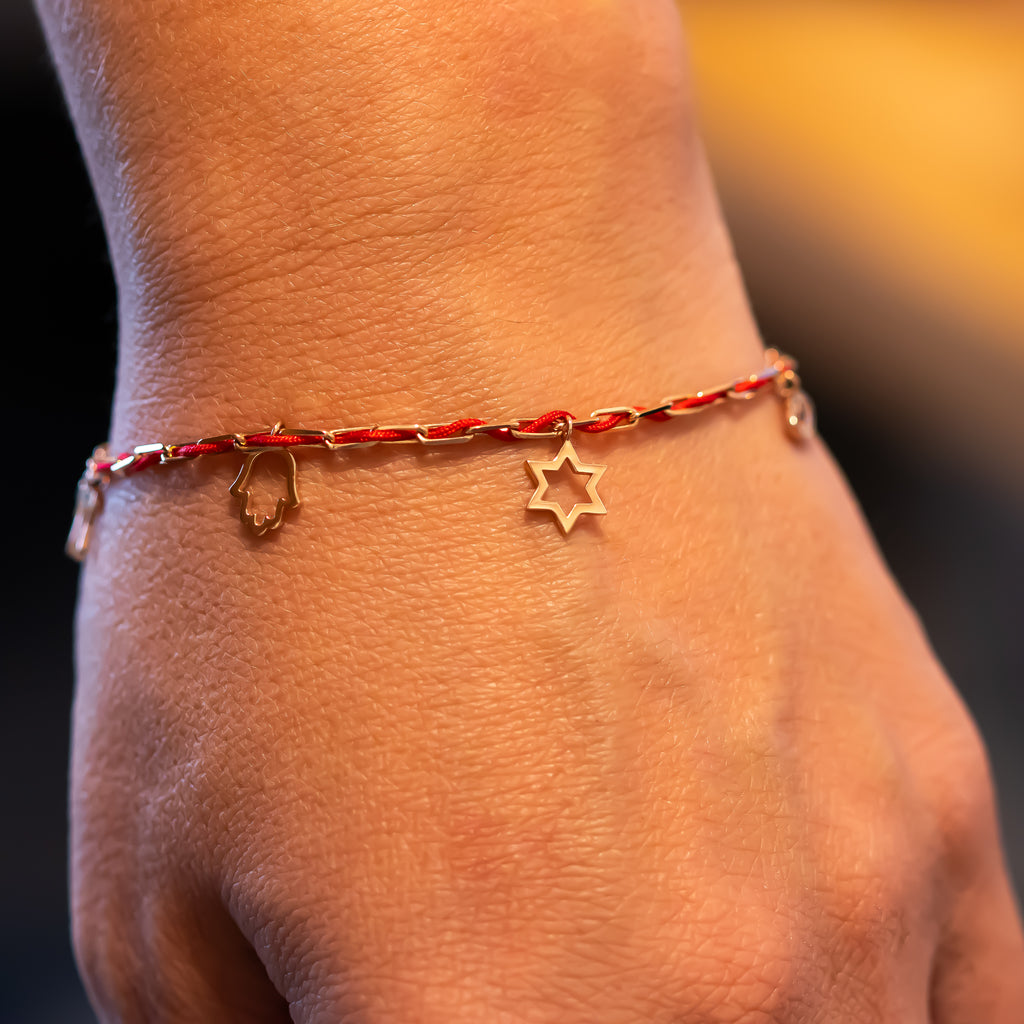 BLESSED - 14K Gold Charm Bracelet with Red String - Blessed by the Rabbi