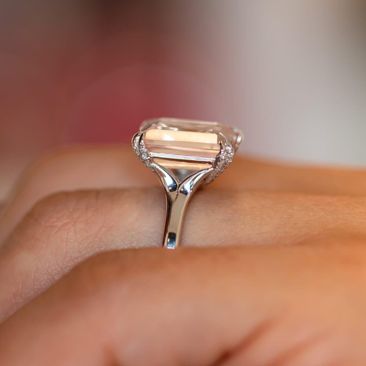 Pink rose quartz ring worn every day, step-cut stone on a fine gold band