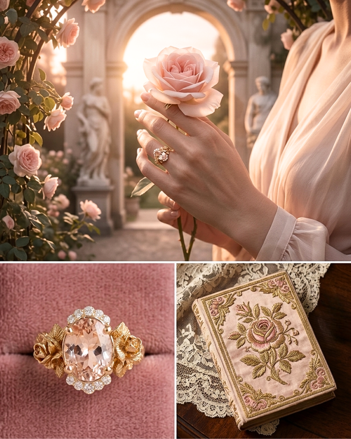 Roselight Bloom Engagement Ring - Unique and romantic Floral Gold Ring with Morganite and Diamonds halo