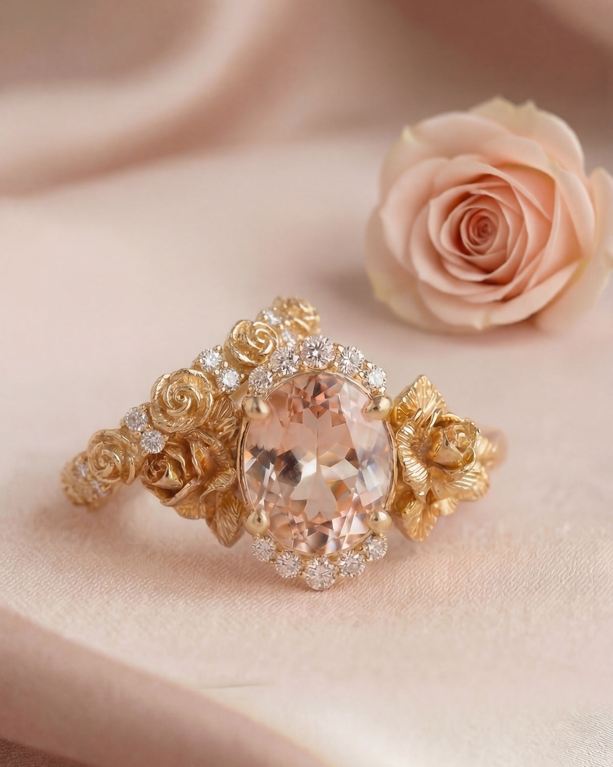Roselight Bloom Ring -| Floral Gold bridal Ring set with Morganite and Diamonds. Made to order