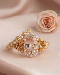 Roselight Bloom Ring -| Floral Gold bridal Ring set with Morganite and Diamonds. Made to order