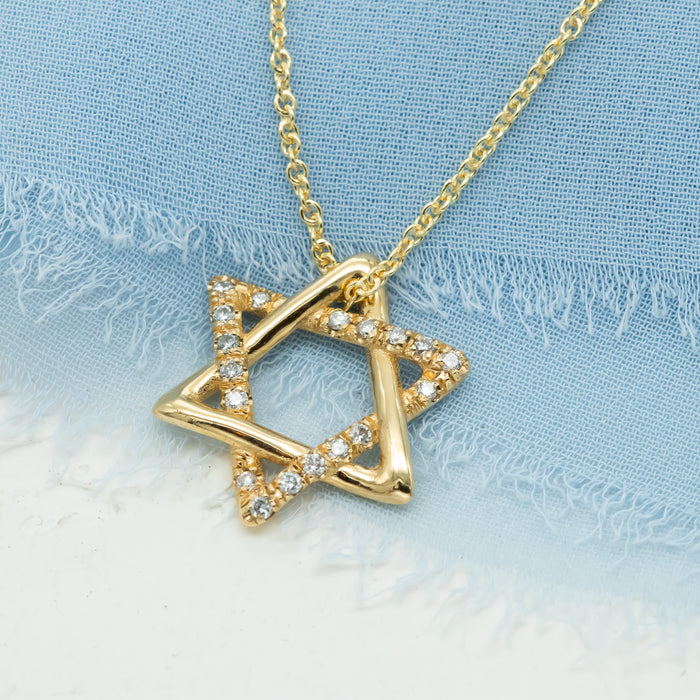 Rounded Star of David with diamonds pendant necklace, 14k gold diamond star of david necklace