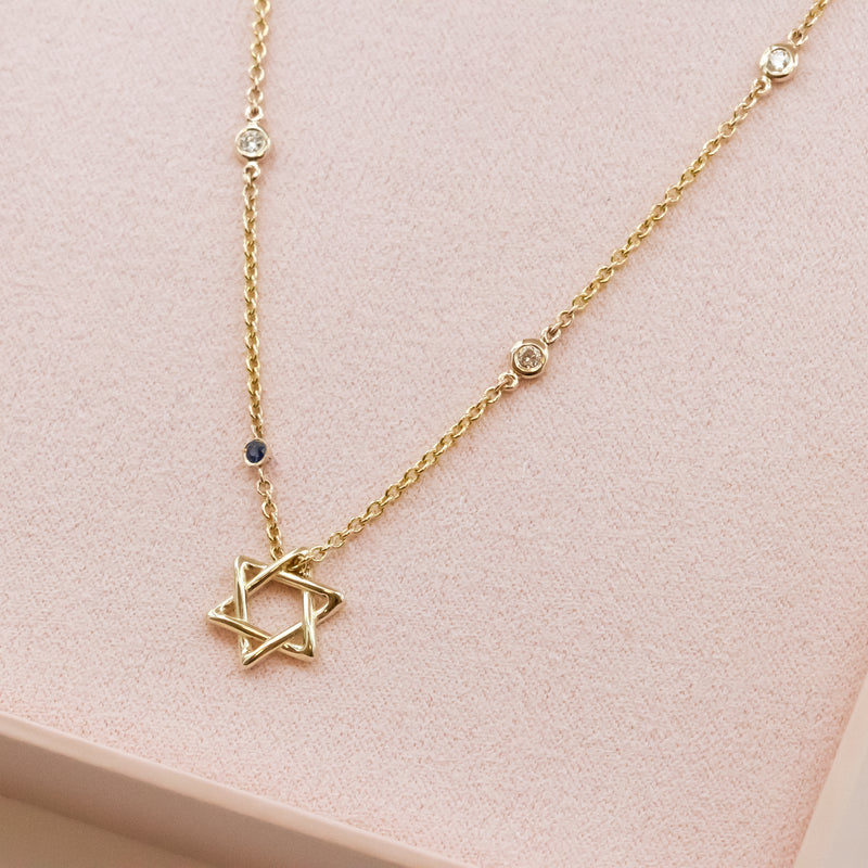 Diamond By The Yard Necklace with Star of David and Blue Sapphire