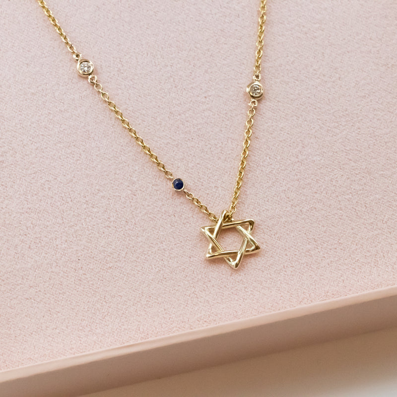 Diamond By The Yard Necklace with Star of David and Blue Sapphire