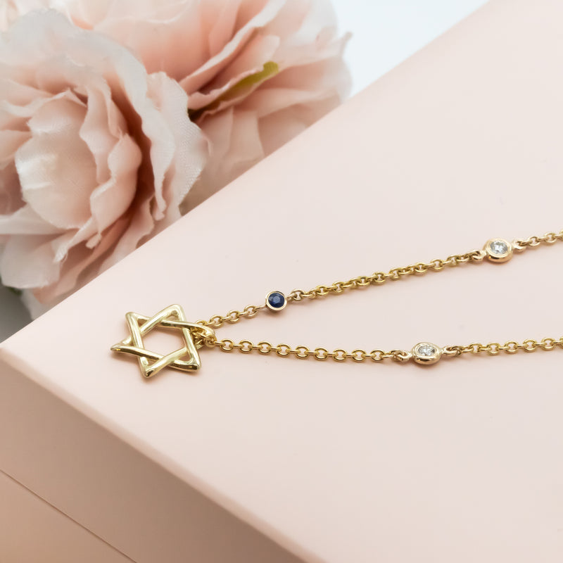 Diamond By The Yard Necklace with Star of David and Blue Sapphire